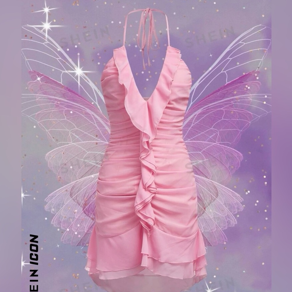 SHEIN ICON backless halter top ruffle pink dress.